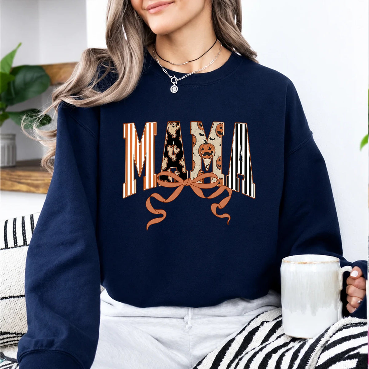 Halloween Mama Sweatshirt MAMA Bow Design Halloween Mom Women Cute Coquette Varsity Style