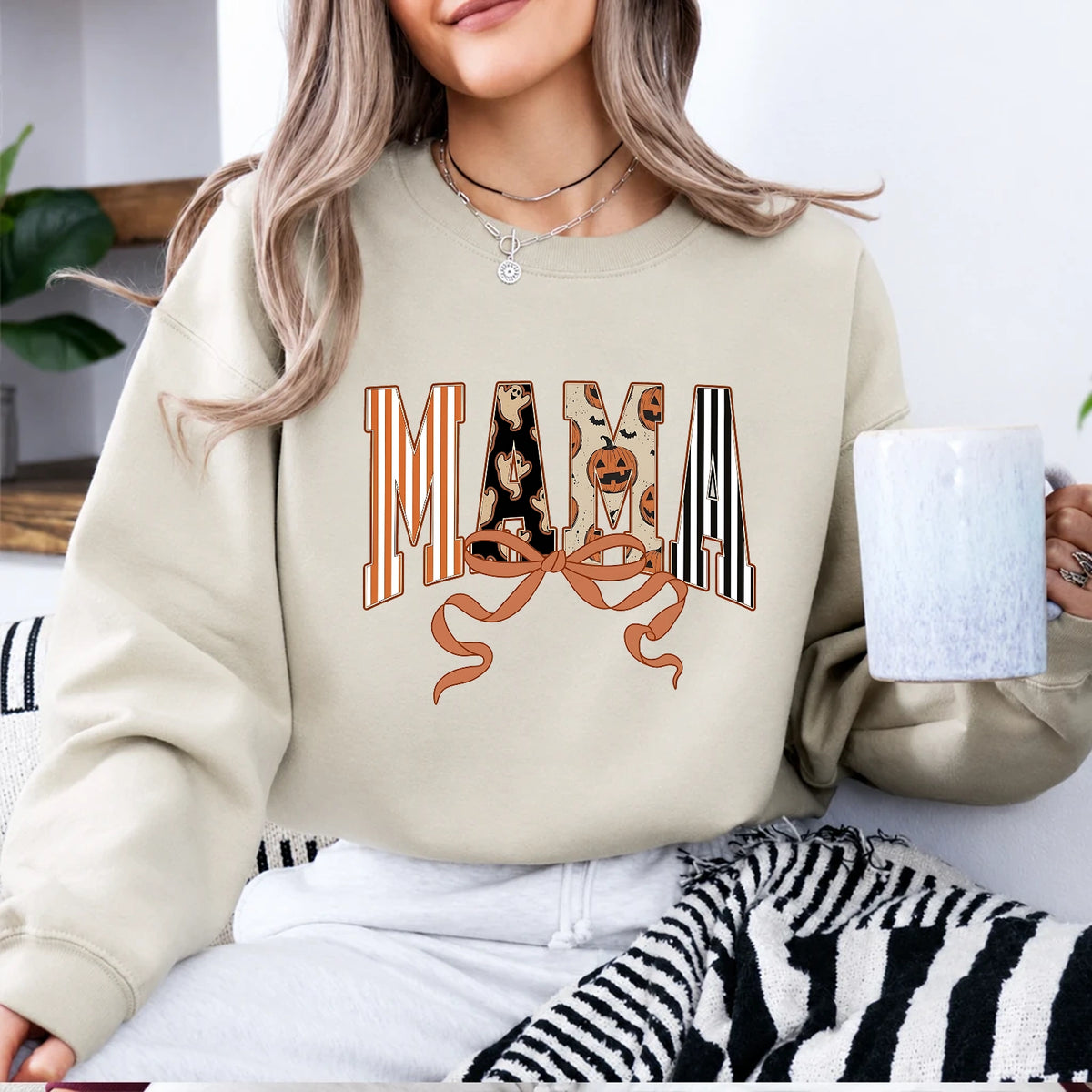 Halloween Mama Sweatshirt MAMA Bow Design Halloween Mom Women Cute Coquette Varsity Style
