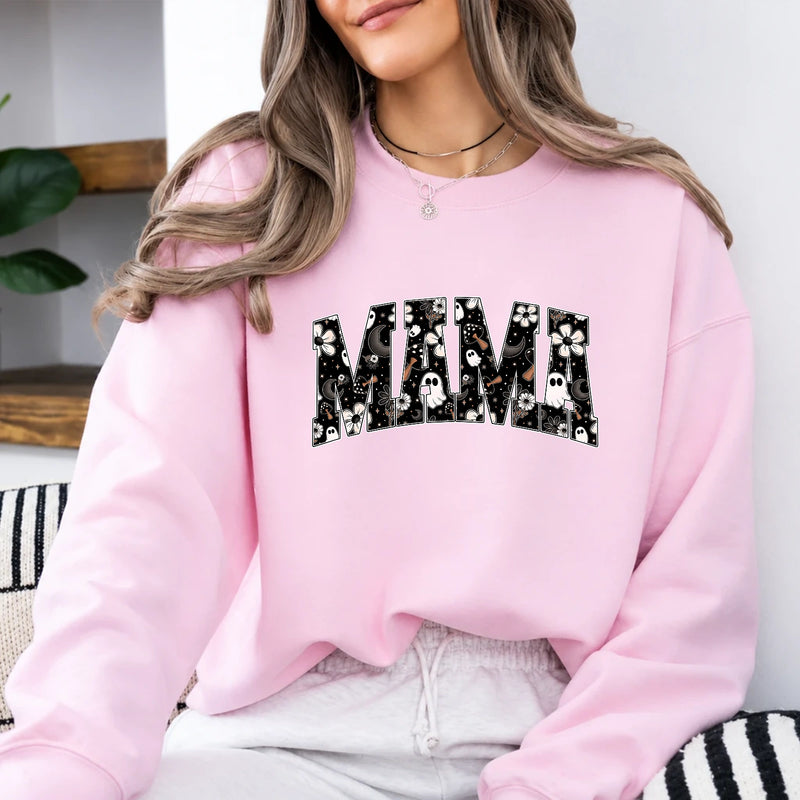 Halloween Mama Sweatshirt MAMA Ghost Floral Design Halloween Season Women Cute Spooky Floral