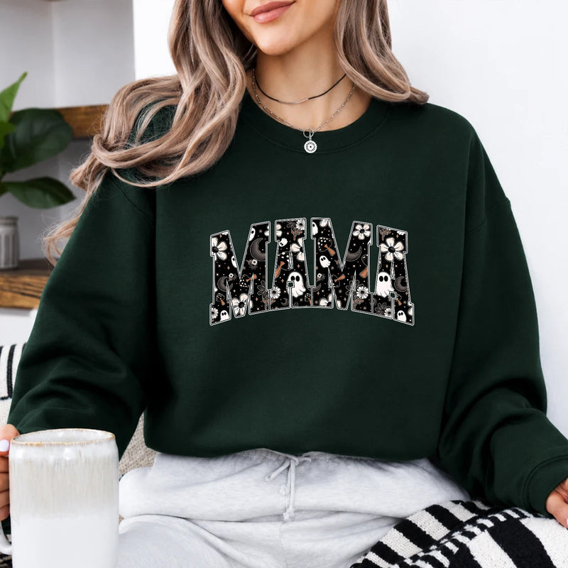 Halloween Mama Sweatshirt MAMA Ghost Floral Design Halloween Season Women Cute Spooky Floral