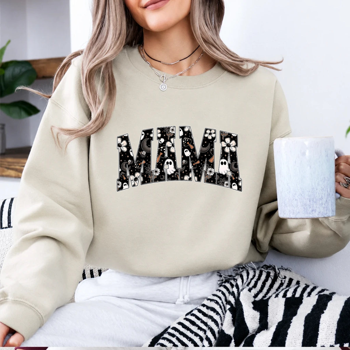 Halloween Mama Sweatshirt MAMA Ghost Floral Design Halloween Season Women Cute Spooky Floral