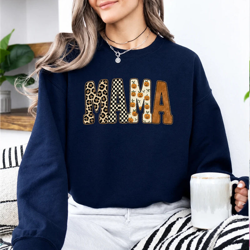 Halloween Mama Sweatshirt MAMA Pumpkin Design Halloween Mom Women Cute Leopard Checkerboard Style
