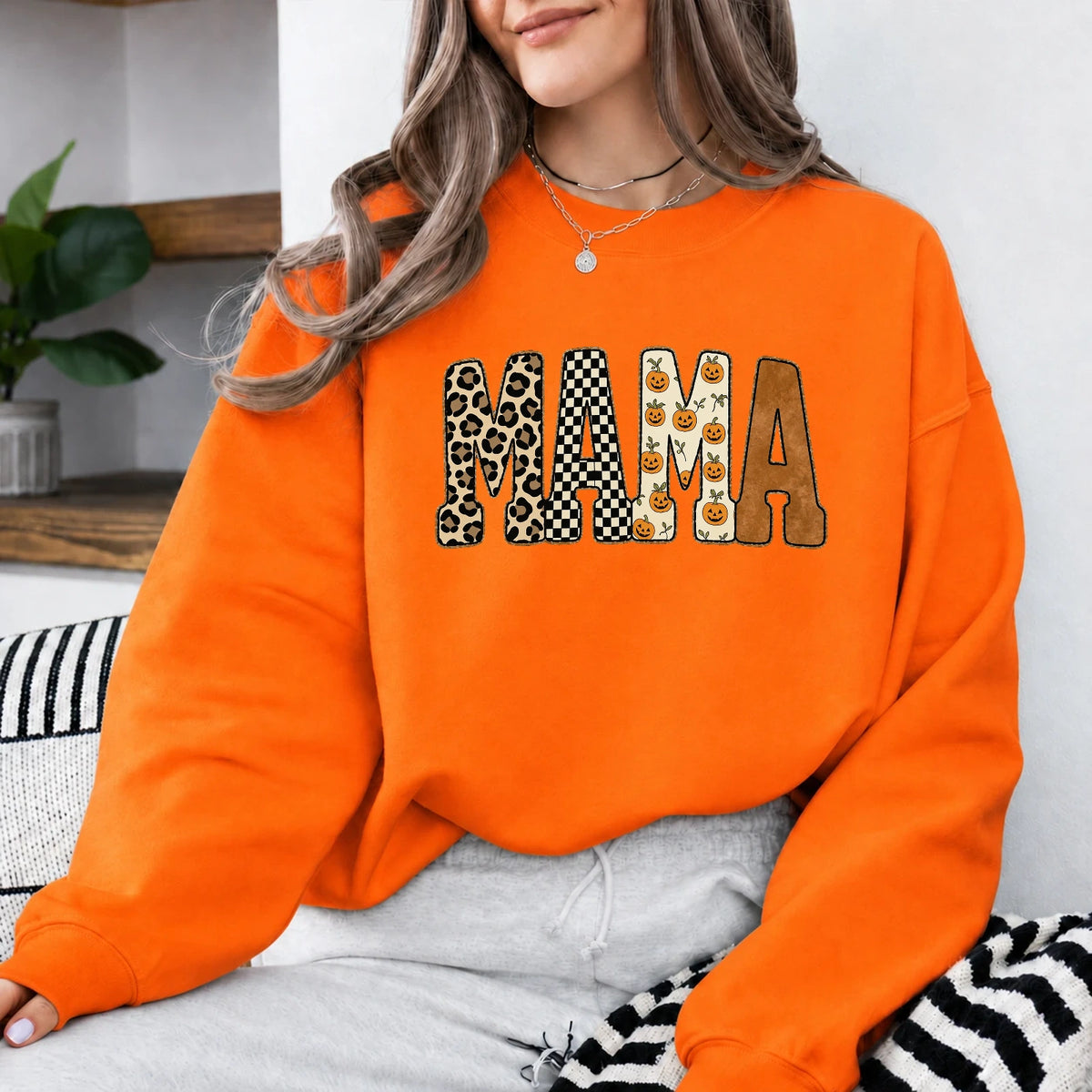 Halloween Mama Sweatshirt MAMA Pumpkin Design Halloween Mom Women Cute Leopard Checkerboard Style