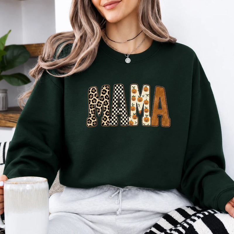 Halloween Mama Sweatshirt MAMA Pumpkin Design Halloween Mom Women Cute Leopard Checkerboard Style