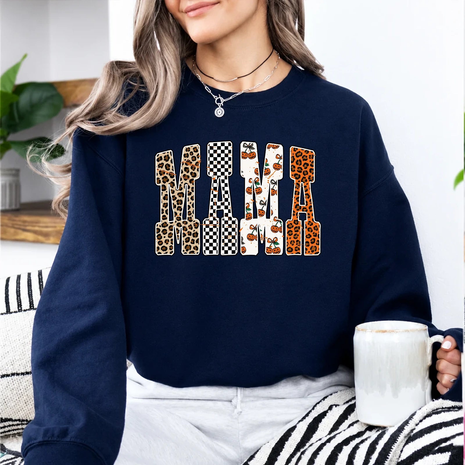 Halloween Mama Sweatshirt MAMA Pumpkin Leopard Design Halloween Women Cute Pattern Style
