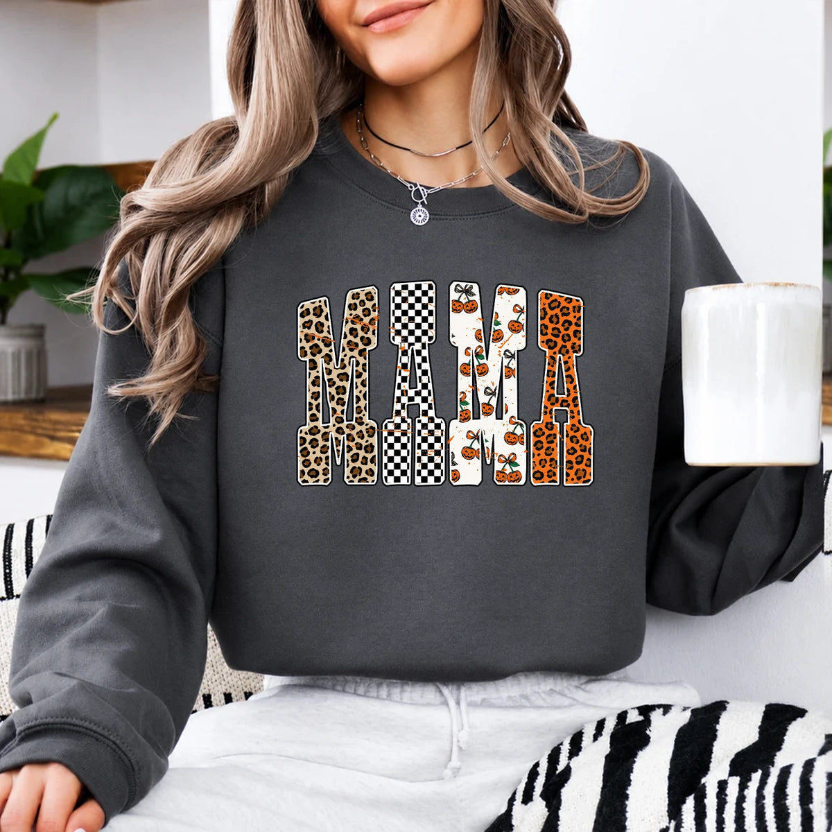 Halloween Mama Sweatshirt MAMA Pumpkin Leopard Design Halloween Women Cute Pattern Style
