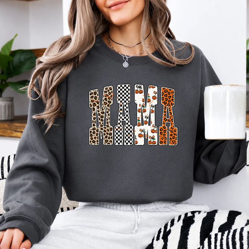 Halloween Mama Sweatshirt MAMA Pumpkin Leopard Design Halloween Women Cute Pattern Style