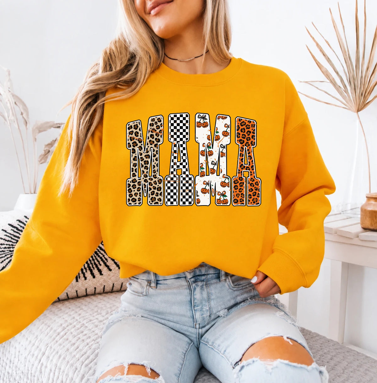 Halloween Mama Sweatshirt MAMA Pumpkin Leopard Design Halloween Women Cute Pattern Style