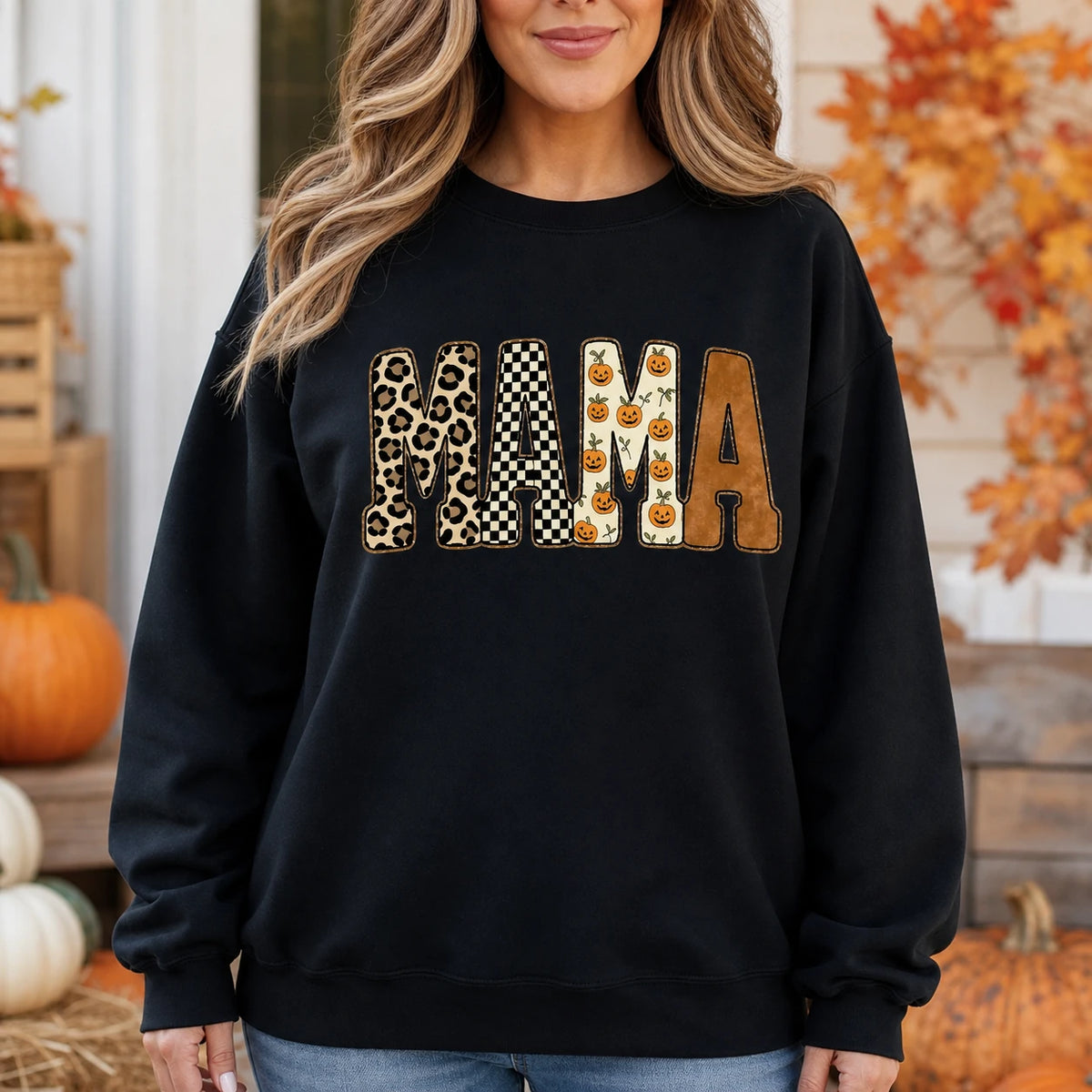 Halloween Mama Sweatshirt Pumpkin MAMA Graphic Cute Leopard Checkerboard Fall Mom Crewneck