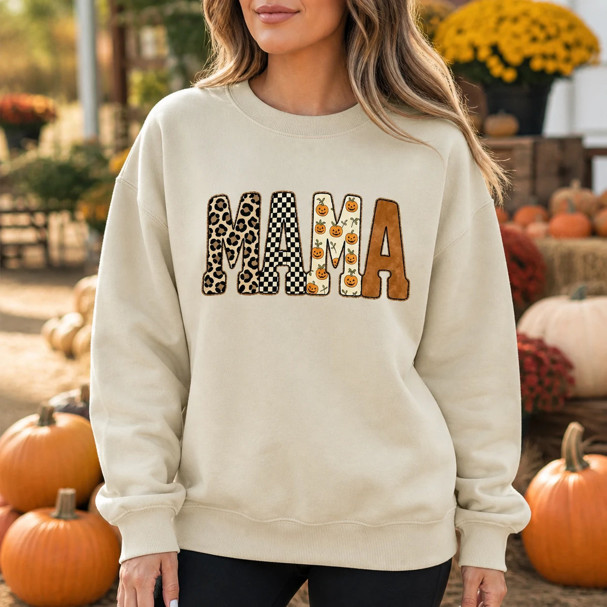 Halloween Mama Sweatshirt Pumpkin MAMA Graphic Cute Leopard Checkerboard Fall Mom Crewneck