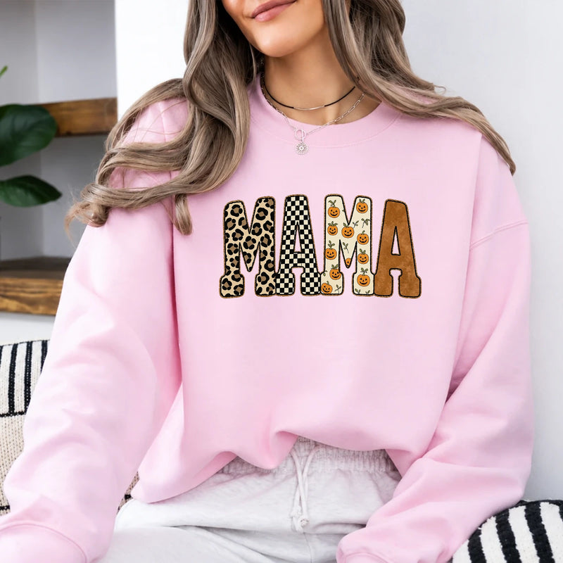 Halloween Mama Sweatshirt Pumpkin MAMA Graphic Cute Leopard Checkerboard Fall Mom Crewneck