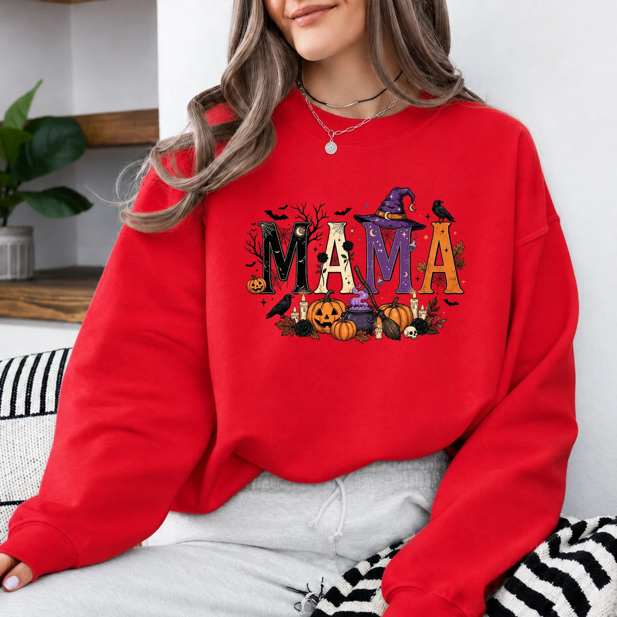Halloween Mama Sweatshirt, Spooky MAMA Witch Pumpkin Graphic for Moms, Cute October Fall Style