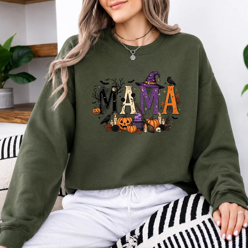 Halloween Mama Sweatshirt, Spooky MAMA Witch Pumpkin Graphic for Moms, Cute October Fall Style
