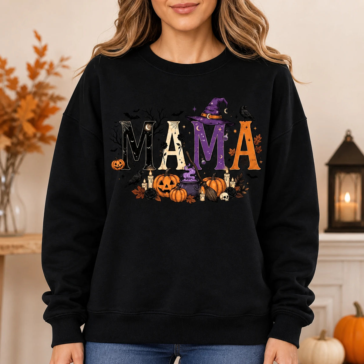 Halloween Mama Sweatshirt, Spooky MAMA Witch Pumpkin Graphic for Moms, Cute October Fall Style