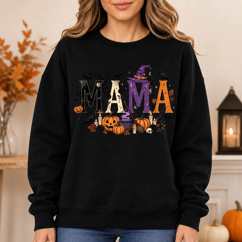 Halloween Mama Sweatshirt, Spooky MAMA Witch Pumpkin Graphic for Moms, Cute October Fall Style