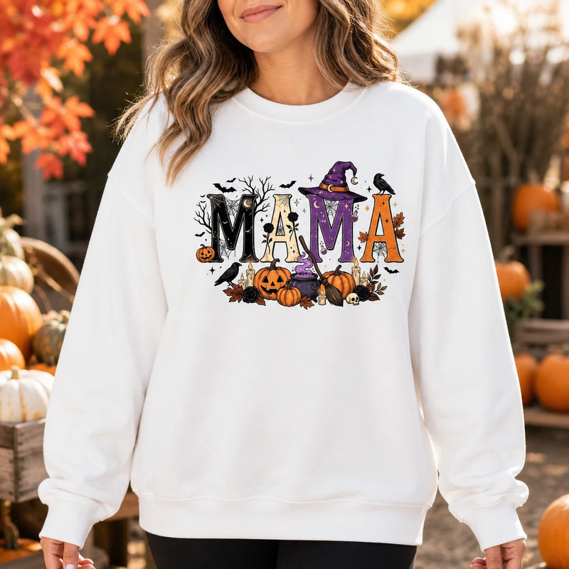 Halloween Mama Sweatshirt, Spooky MAMA Witch Pumpkin Graphic for Moms, Cute October Fall Style