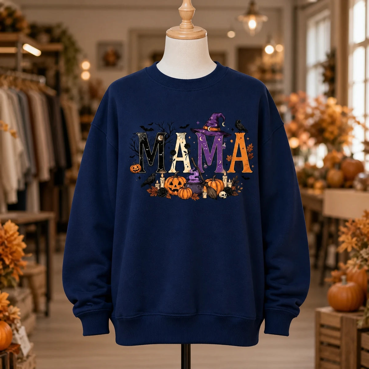 Halloween Mama Sweatshirt, Spooky MAMA Witch Pumpkin Graphic for Moms, Cute October Fall Style