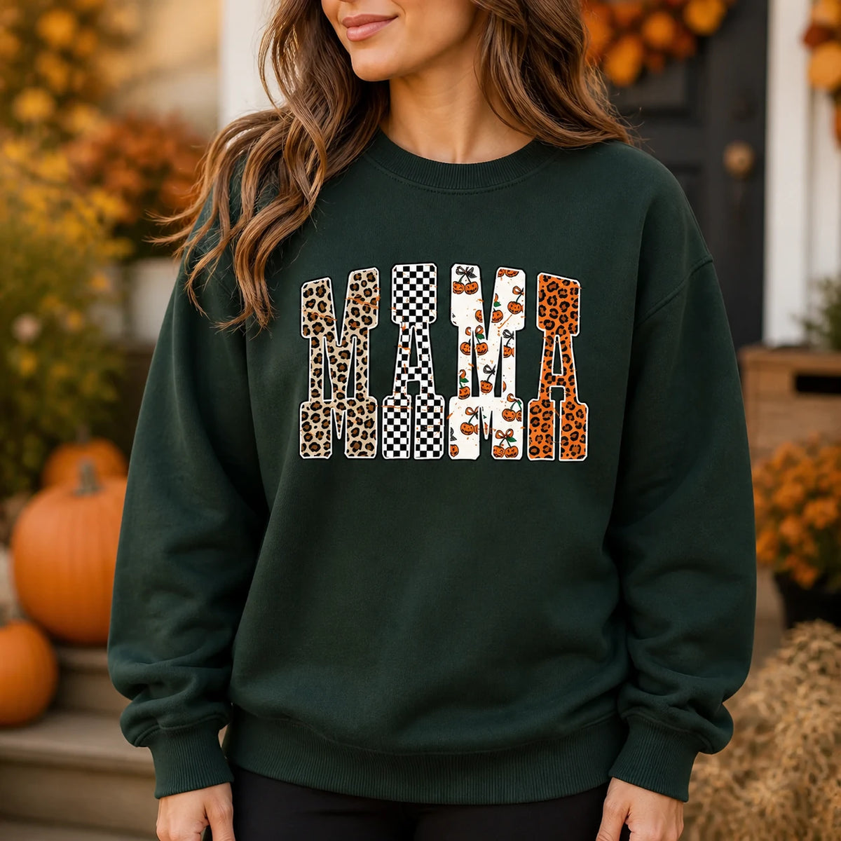 Halloween Mama Sweatshirt with Pumpkin Leopard MAMA Design for Women