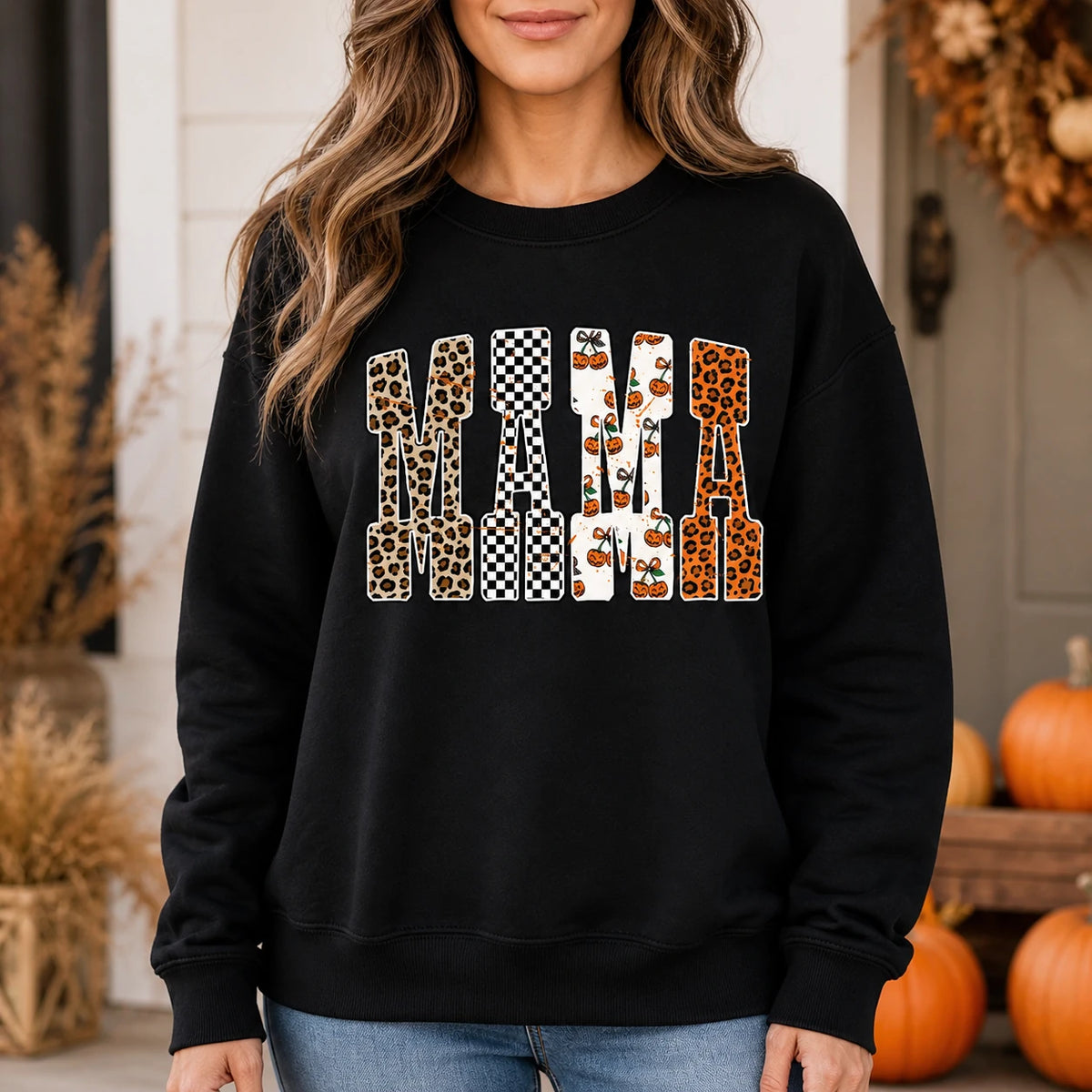 Halloween Mama Sweatshirt with Pumpkin Leopard MAMA Design for Women