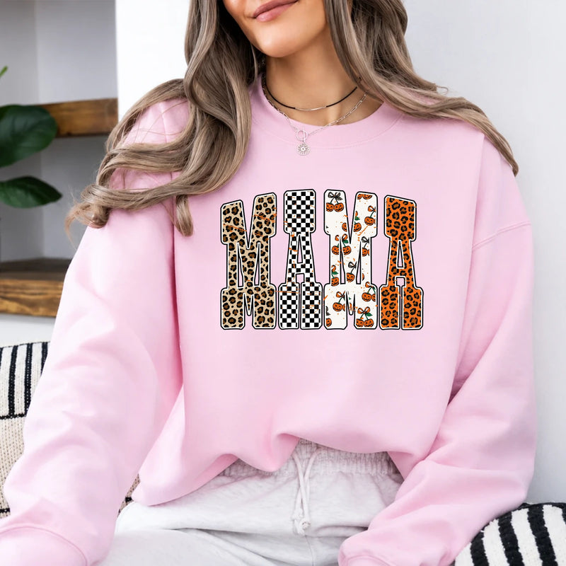 Halloween Mama Sweatshirt with Pumpkin Leopard MAMA Design for Women