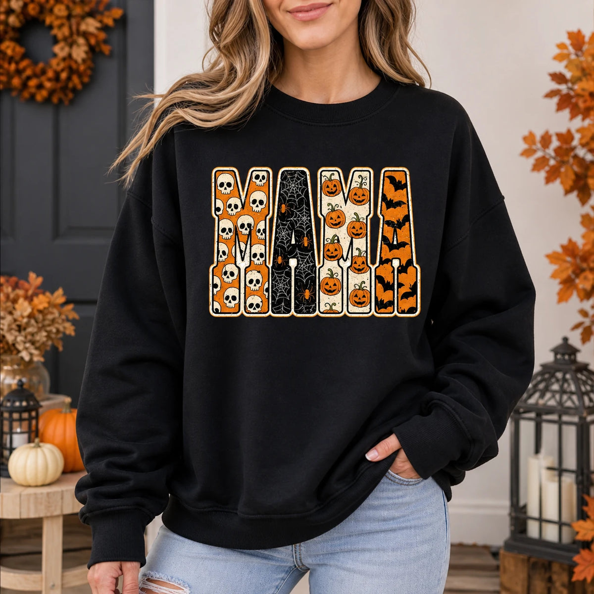 Halloween Mama Sweatshirt with Pumpkin Spooky Vintage Mom Graphic