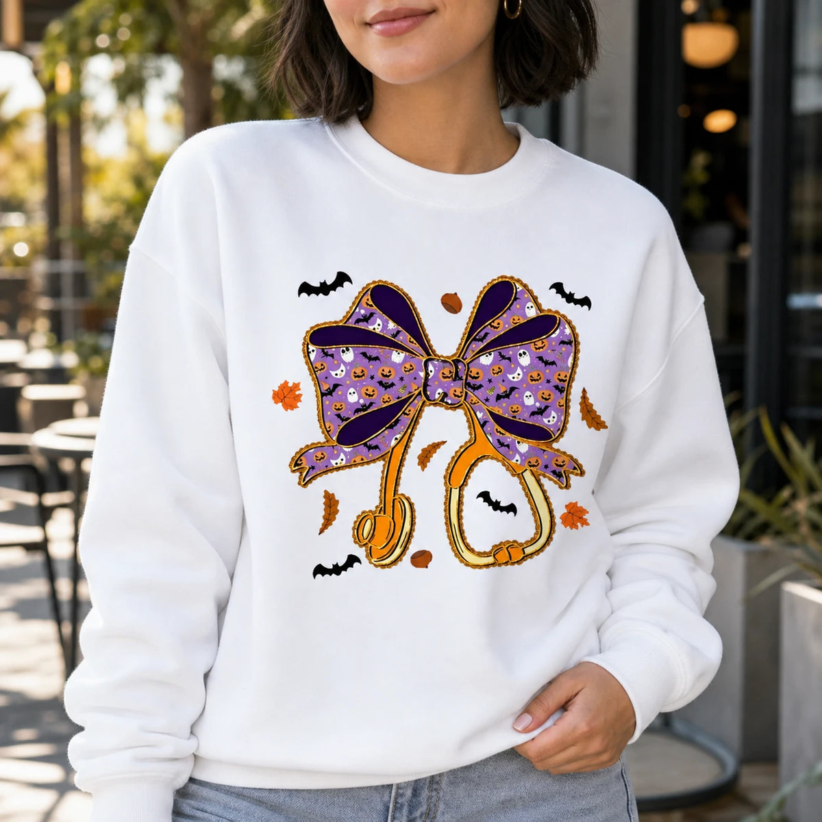 Halloween Nurse Bow Shirt Purple Stethoscope Coquette Graphic Tee Spooky Medical Fall Gift for Women