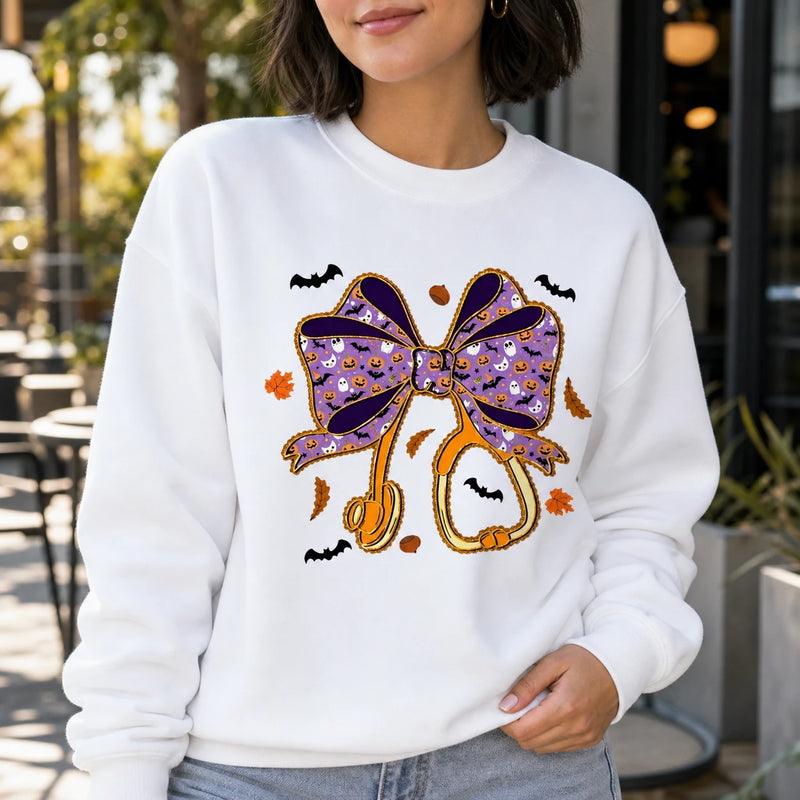 Halloween Nurse Bow Shirt Purple Stethoscope Coquette Graphic Tee Spooky Medical Fall Gift for Women