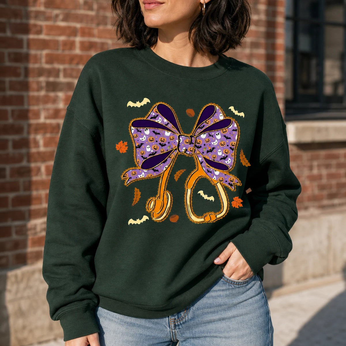Halloween Nurse Bow Shirt Purple Stethoscope Coquette Graphic Tee Spooky Medical Fall Gift for Women