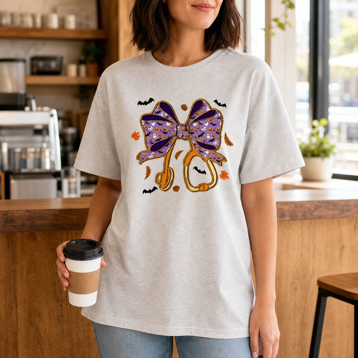 Halloween Nurse Bow Shirt Purple Stethoscope Coquette Graphic Tee Spooky Medical Fall Gift for Women