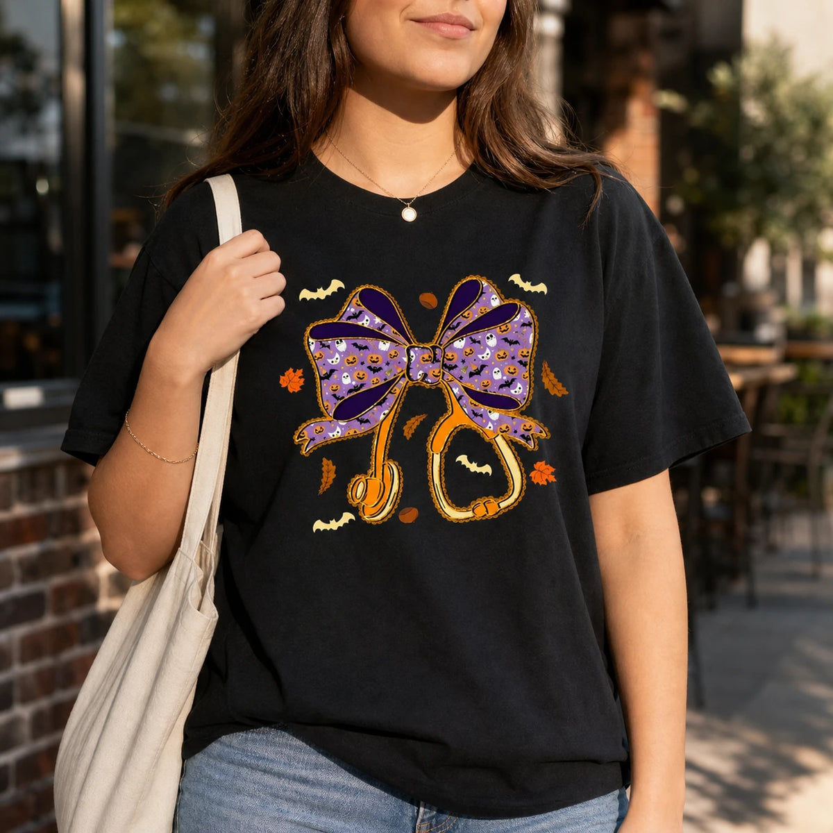 Halloween Nurse Bow Shirt Purple Stethoscope Coquette Graphic Tee Spooky Medical Fall Gift for Women
