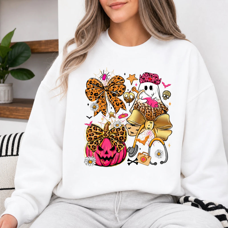 Halloween Nurse Coquette Shirt Cute Ghost Pumpkin Bow Medical Tee Sweatshirt