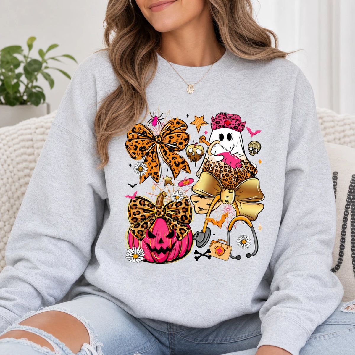 Halloween Nurse Coquette Shirt Cute Ghost Pumpkin Bow Medical Tee Sweatshirt