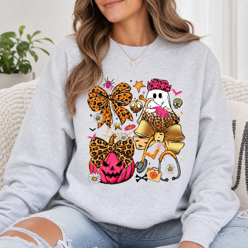 Halloween Nurse Coquette Shirt Cute Ghost Pumpkin Bow Medical Tee Sweatshirt