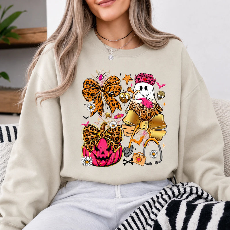 Halloween Nurse Coquette Shirt Cute Ghost Pumpkin Bow Medical Tee Sweatshirt