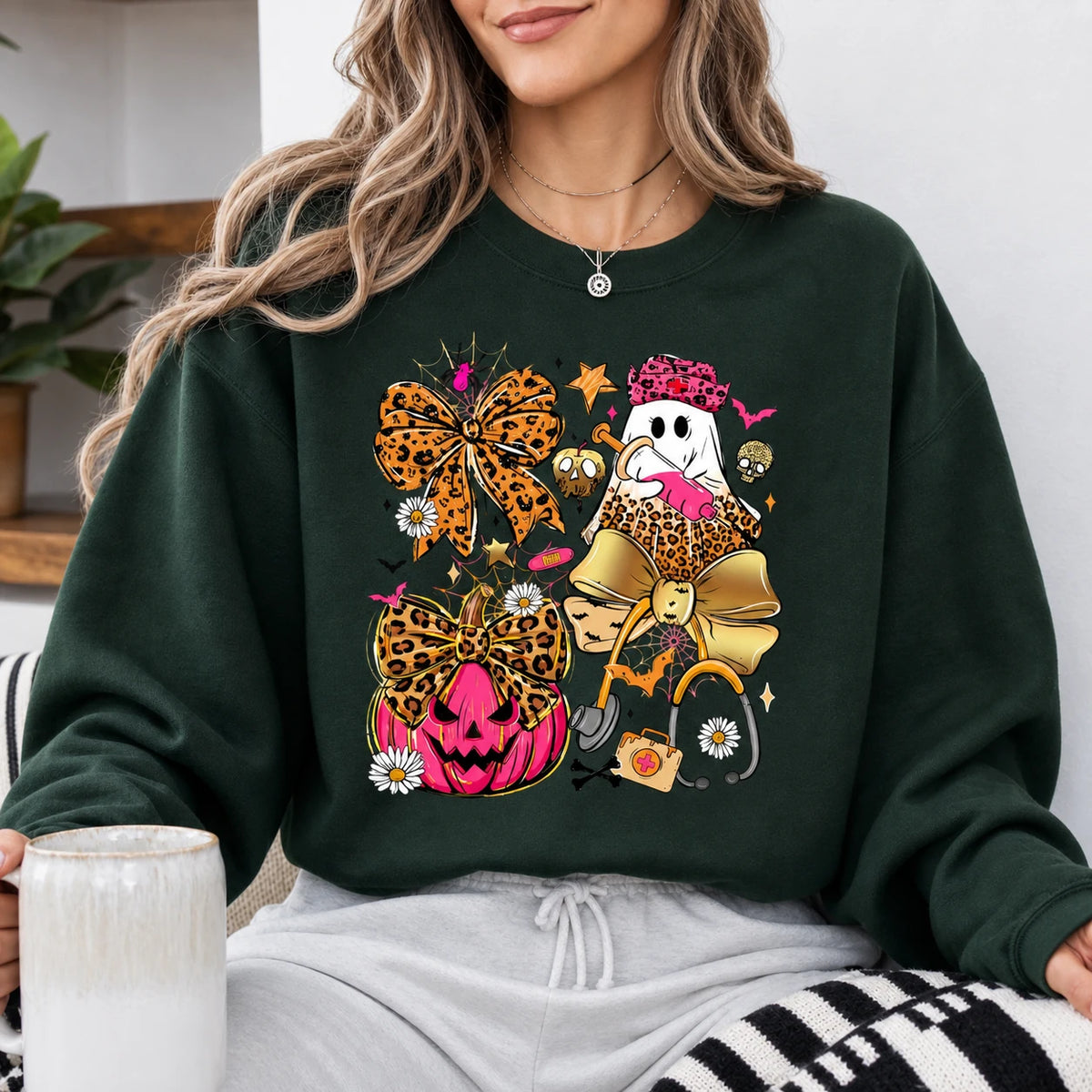 Halloween Nurse Coquette Shirt Cute Ghost Pumpkin Bow Medical Tee Sweatshirt
