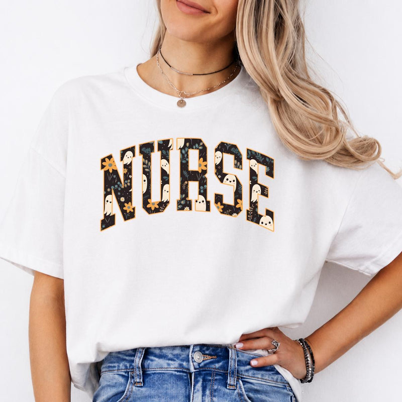 Halloween Nurse Shirt with Retro Ghost Pattern Cute Spooky Medical Graphic Tee