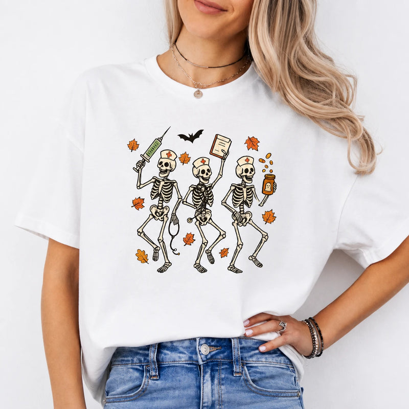Halloween Nurse Skeleton Shirt Dancing Nurse Graphic Tee Spooky Medical Fall Gift