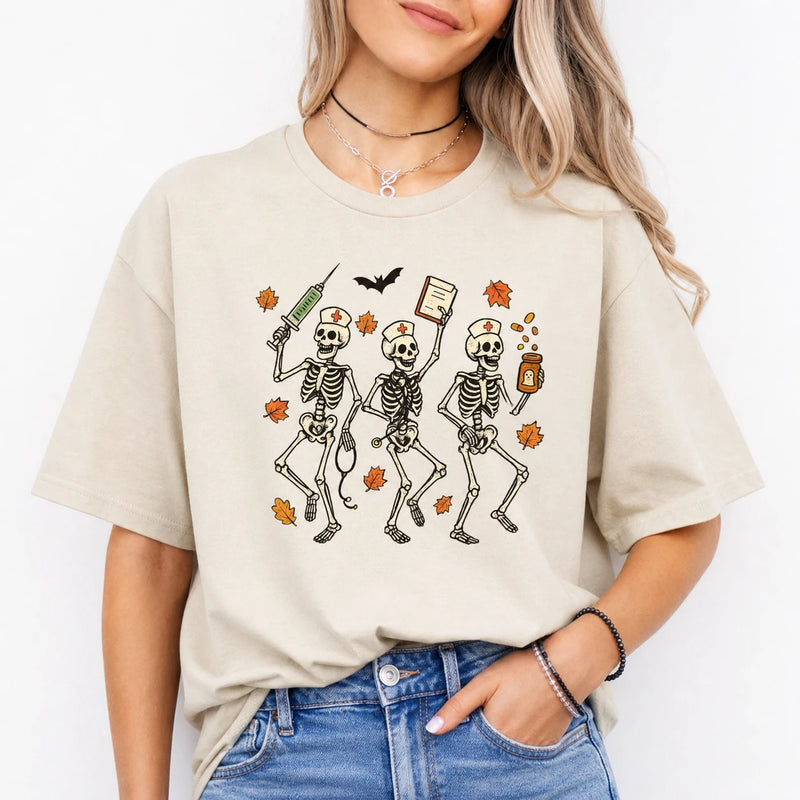 Halloween Nurse Skeleton Shirt Dancing Nurse Graphic Tee Spooky Medical Fall Gift