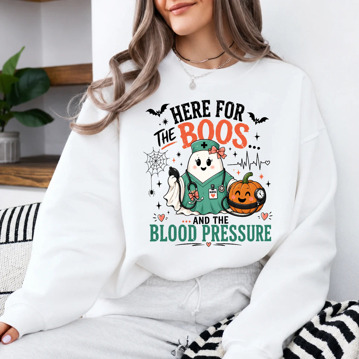Halloween Nurse Sweatshirt Here For The Boos And Blood Pressure Ghost Nurse Pumpkin