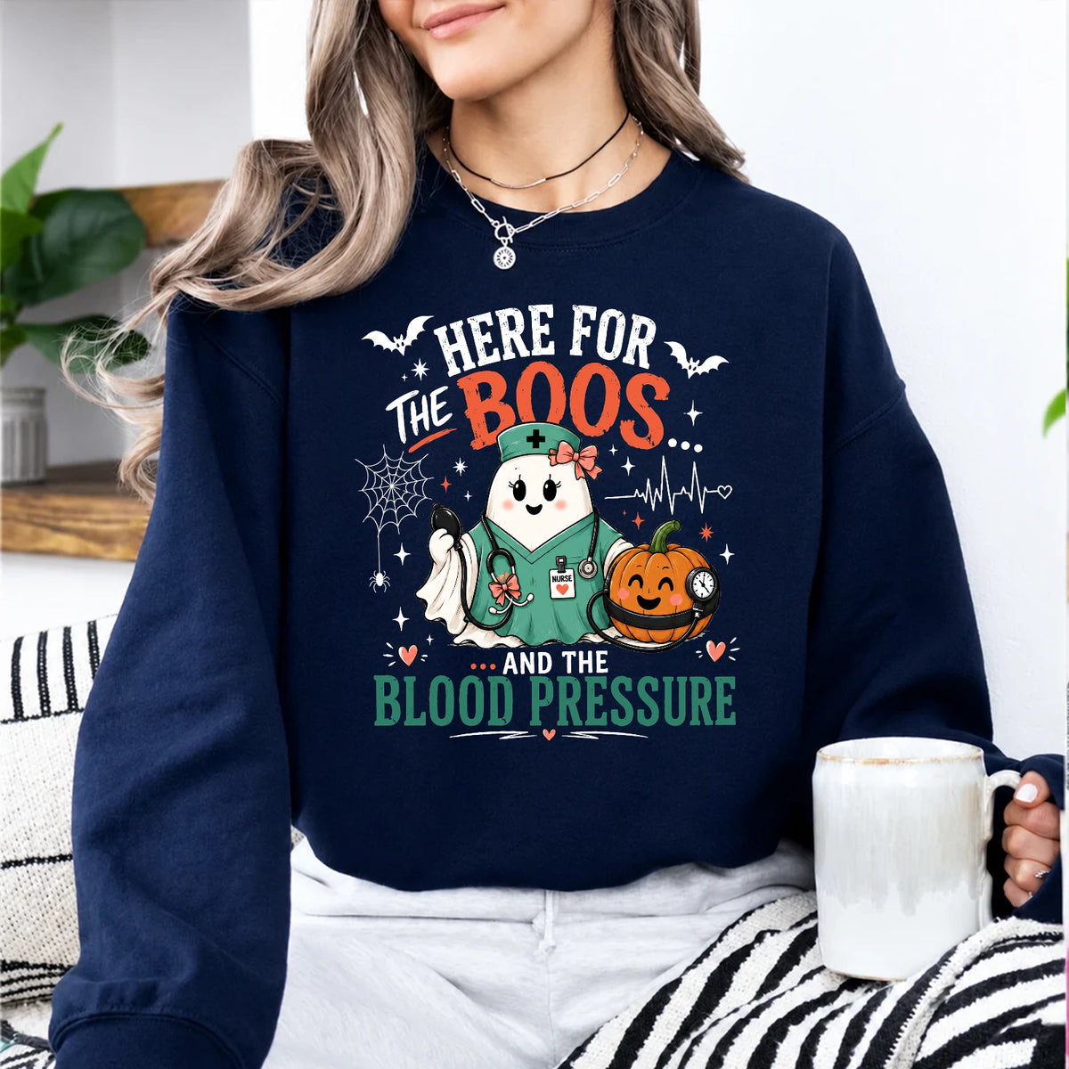 Halloween Nurse Sweatshirt Here For The Boos And The Blood Pressure Halloween Nurse Women Cute Coquette Design