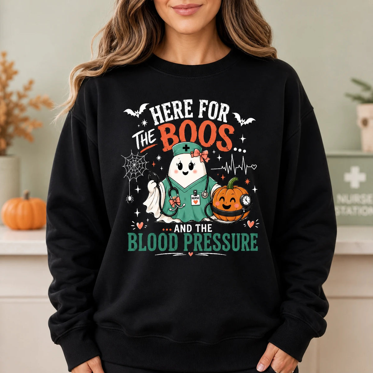 Halloween Nurse Sweatshirt Here For The Boos And Blood Pressure Ghost Nurse Pumpkin
