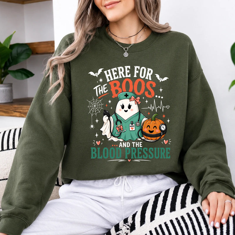 Halloween Nurse Sweatshirt Here For The Boos And Blood Pressure Ghost Nurse Pumpkin