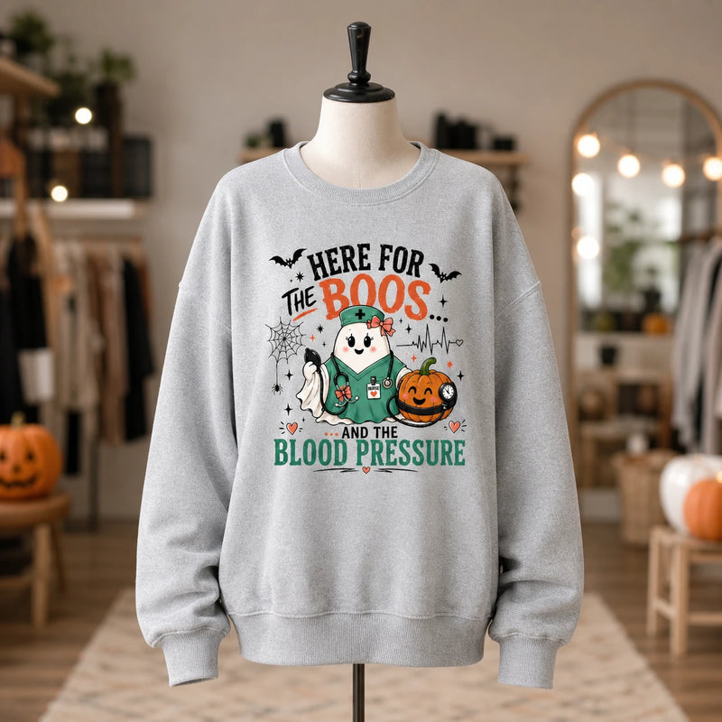 Halloween Nurse Sweatshirt Here For The Boos And Blood Pressure Ghost Nurse Pumpkin