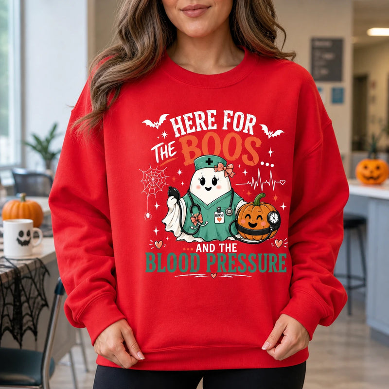 Halloween Nurse Sweatshirt Here For The Boos And Blood Pressure Ghost Nurse Pumpkin