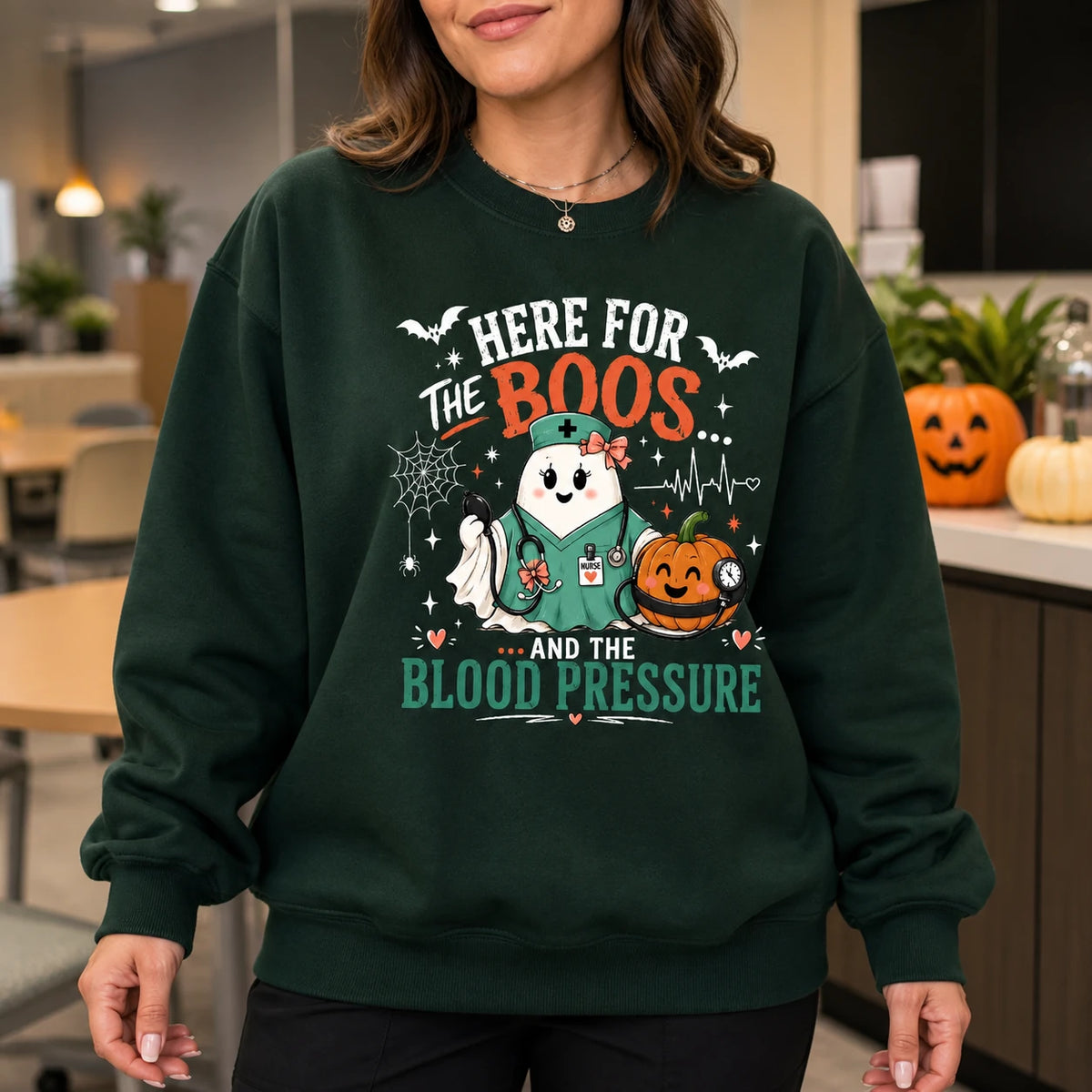 Halloween Nurse Sweatshirt Here For The Boos And Blood Pressure Ghost Nurse Pumpkin