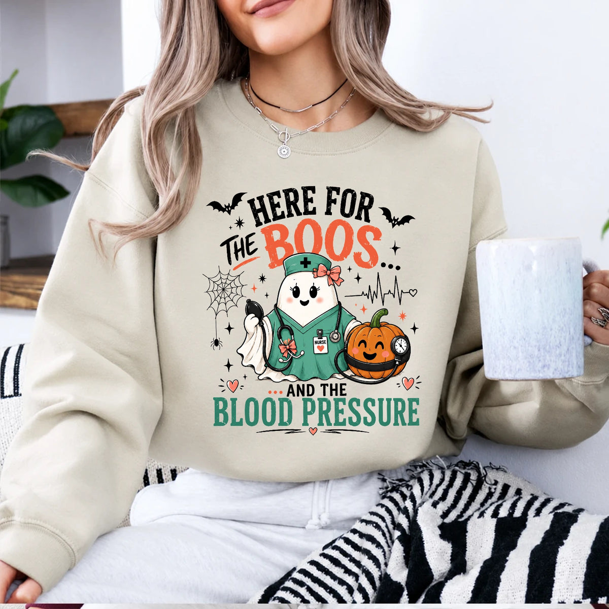 Halloween Nurse Sweatshirt Here For The Boos And The Blood Pressure Halloween Nurse Women Cute Coquette Design