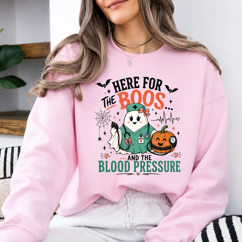 Halloween Nurse Sweatshirt Here For The Boos And The Blood Pressure Halloween Nurse Women Cute Coquette Design