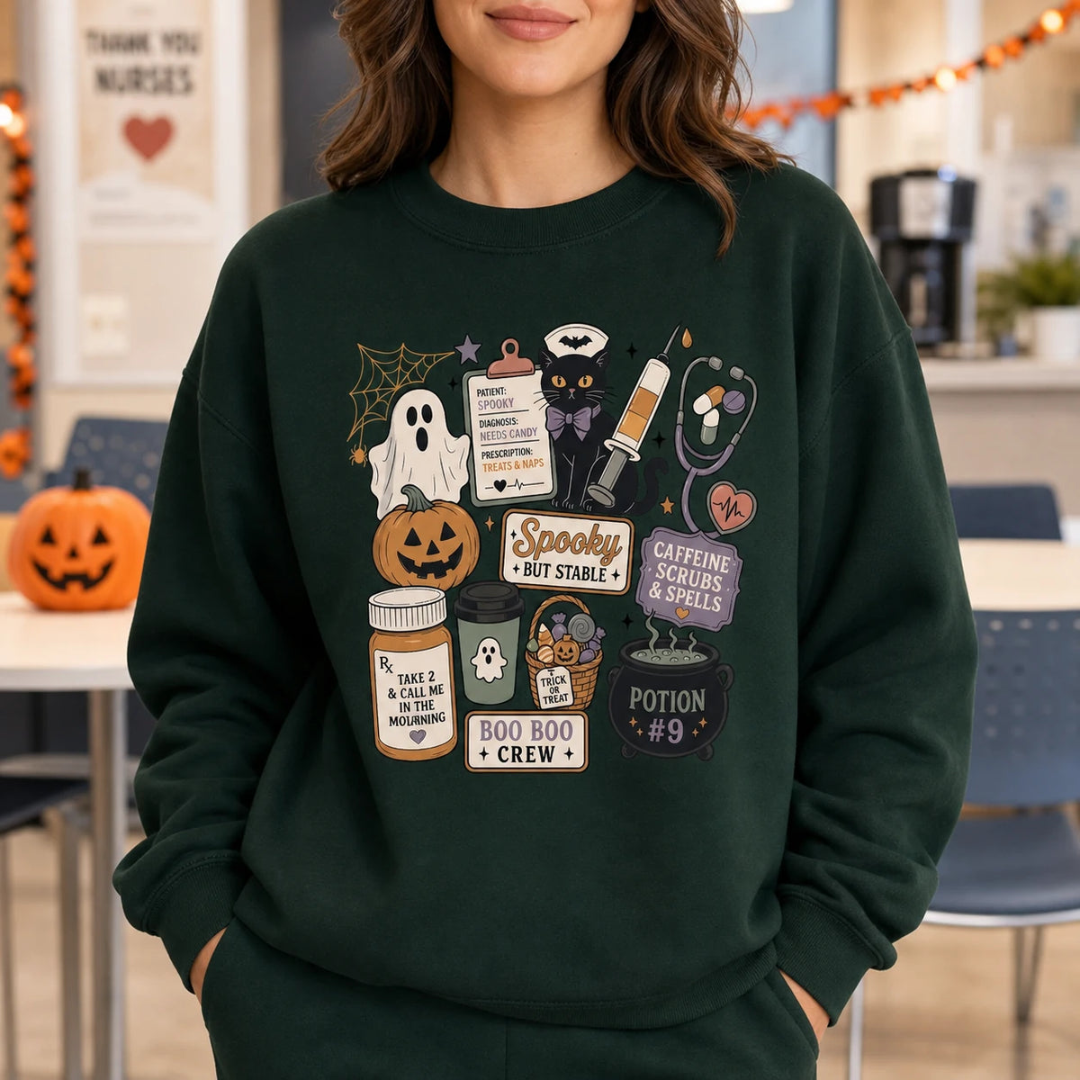 Halloween Nurse Sweatshirt Spooky But Stable Boo Boo Crew Medical Halloween Design