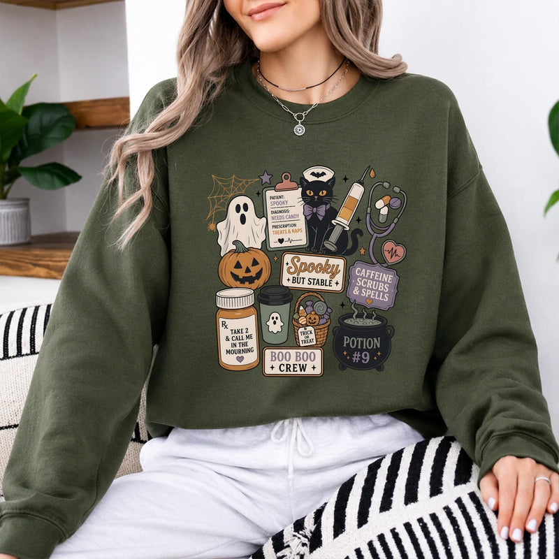 Halloween Nurse Sweatshirt Spooky But Stable Boo Boo Crew Medical Halloween Design