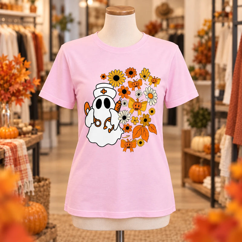 Halloween Nurse T-Shirt Cute Ghost Nurse Pumpkin Bow Stethoscope Syringe Fall Floral Nursing Tee